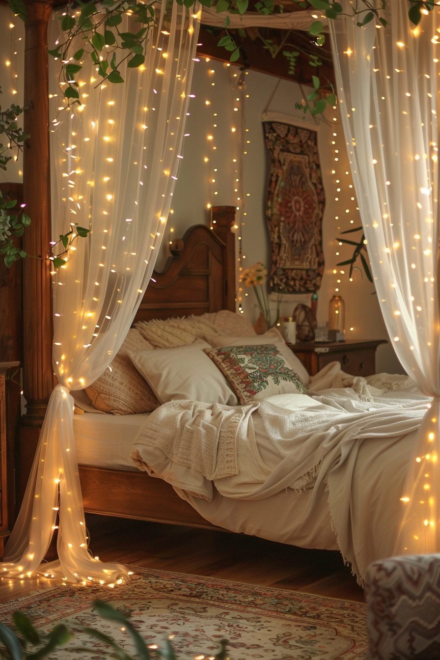 29 Boho Bedroom With Curtain Lights Ideas: Create A Magical Atmosphere ...