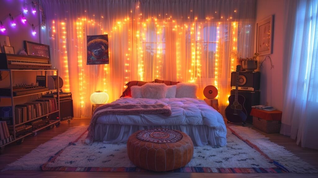 boho bedroom with curtain lights