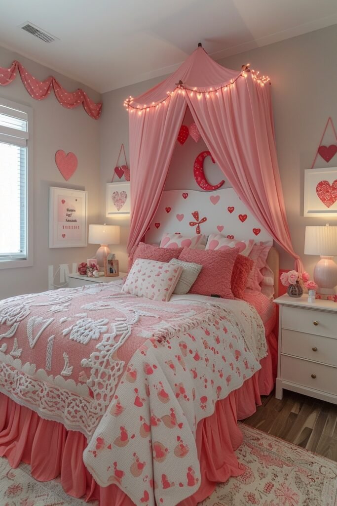 Amorous Heart Motif Girls Bed with Canopy