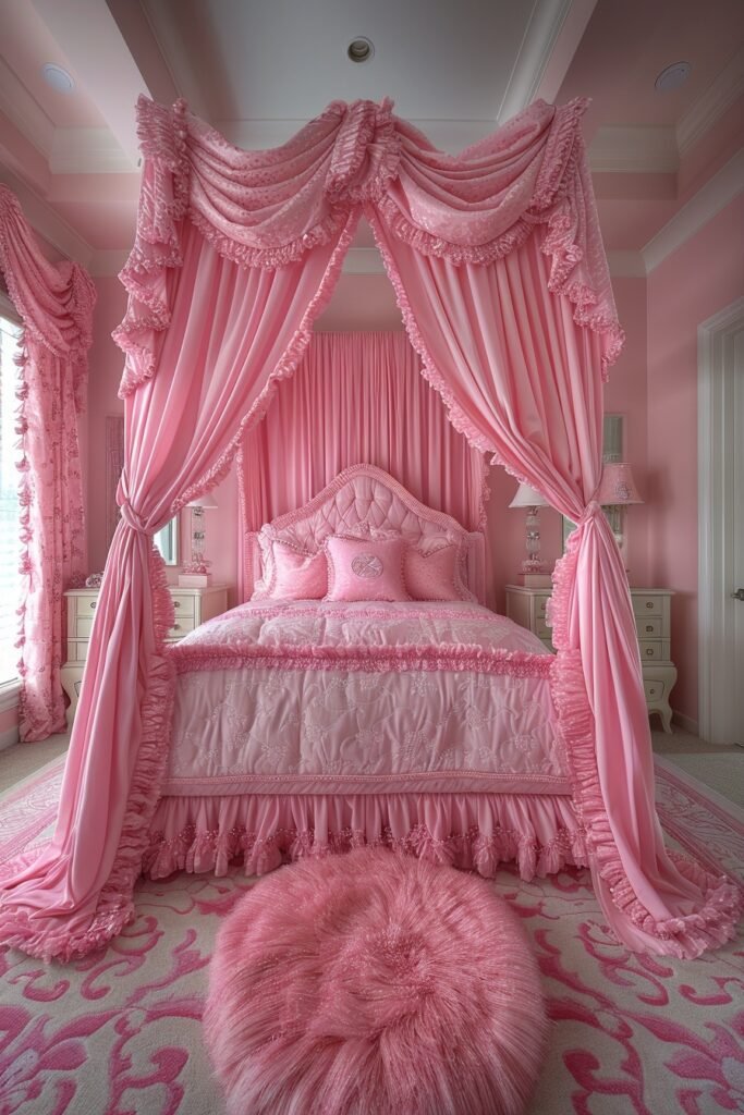 Blush Pink Ruffled Girls Bed with Canopy