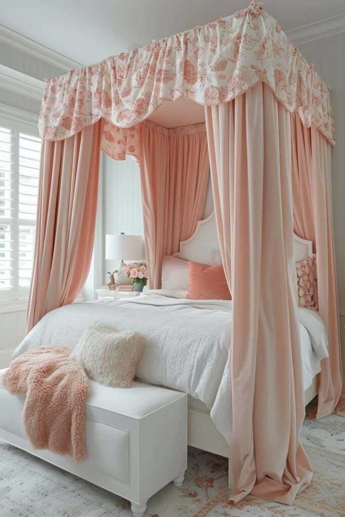 Cozy Peach Retreat Girls Bed with Canopy