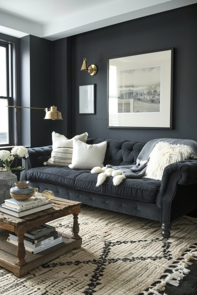 Dark grey couch with pillows sale