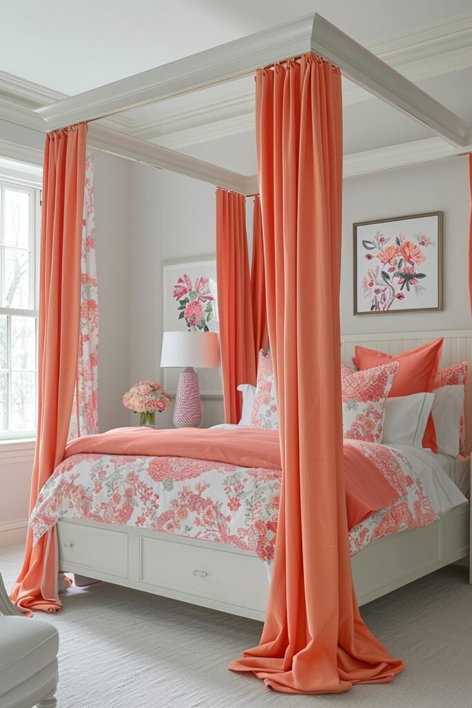 Lively Coral Girls Bed with Canopy