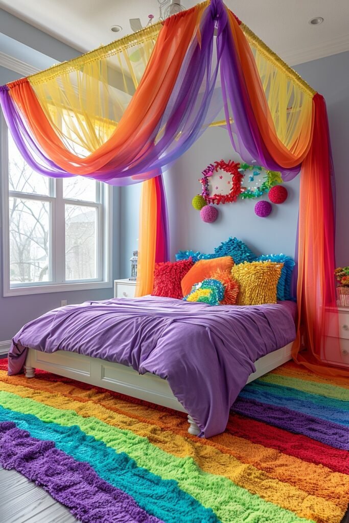 Multicolor Tulle Girls Bed with Canopy