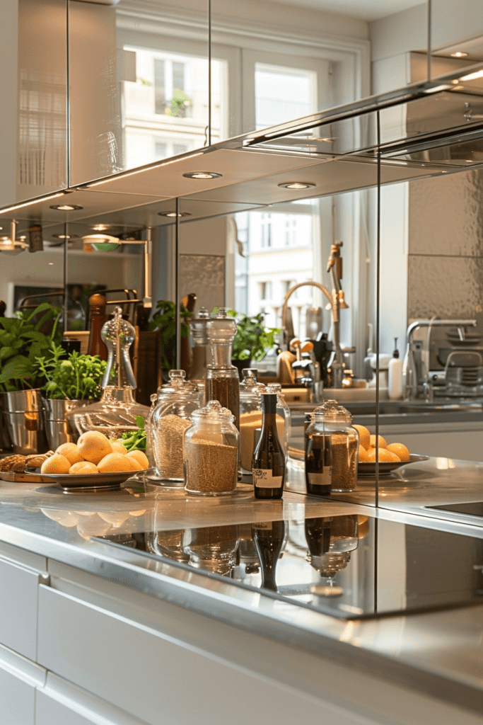 Reflective Mirror Tiny Kitchen Layout