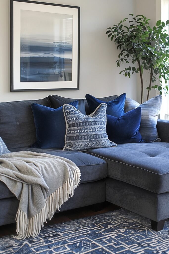 Grey couch with purple pillows best sale