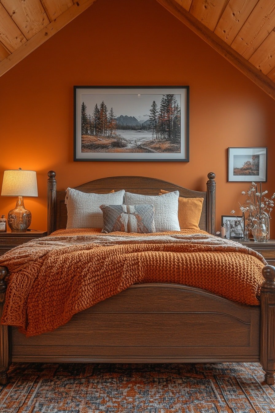 Dreamy amber yellow bedroom with fairy lights, a canopy of draped fabric, and a vintage rug on hardwood floors