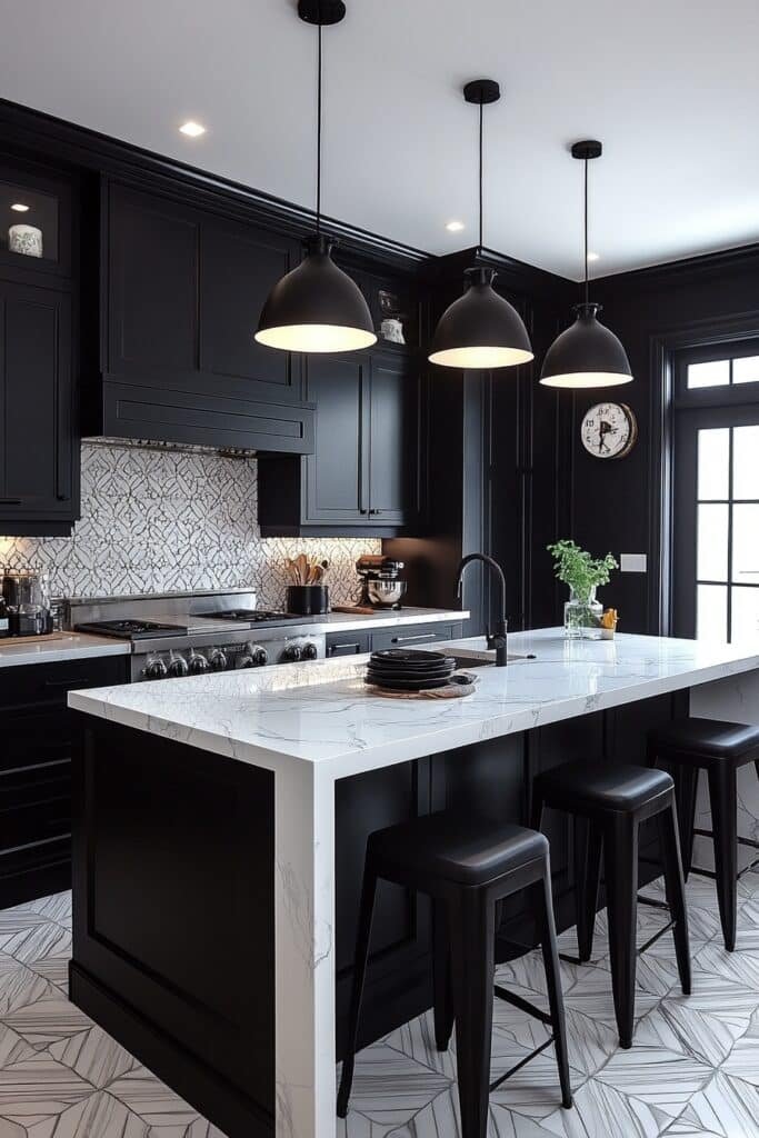 Black and White Contrast Barndominium Kitchen