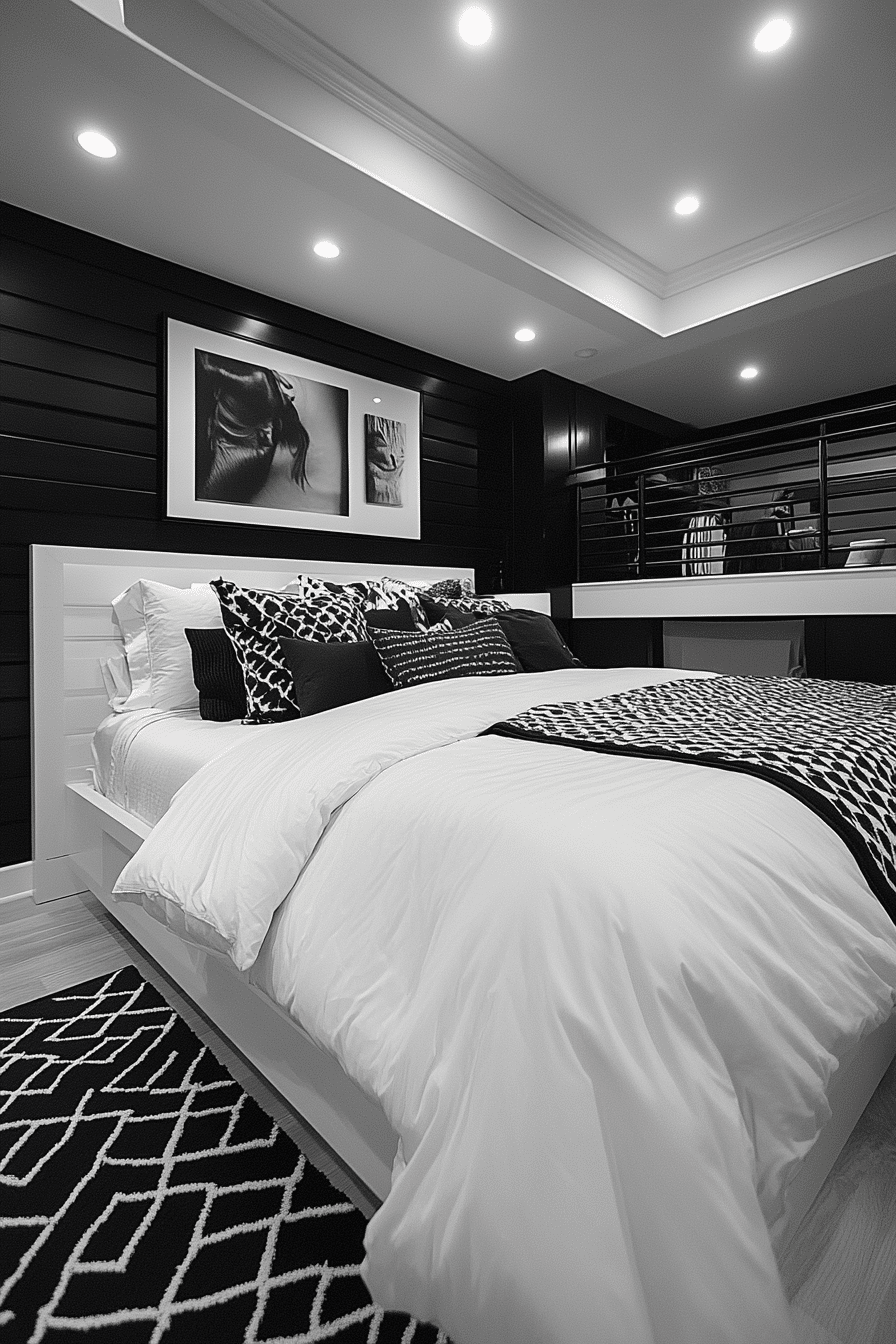 Monochrome Drama in Barndominium Bedroom Ideas