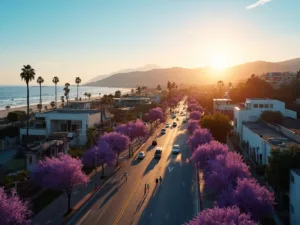 "Aerial view of Los Angeles during golden hour in May, featuring downtown skyline, the Hollywood Hills, Griffith Observatory, Santa Monica beach, and Pacific Ocean. Landmarks like the Hollywood Bowl, Dodger Stadium, and Venice Beach boardwalk visible under clear blue skies. Cityscape is adorned with purple jacaranda trees, palm trees, and spring flowers, while locals enjoy outdoor activities."