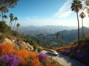 "Panoramic view of sunny Los Angeles in October with Hollywood Sign, palm trees, blooming jacaranda at Griffith Park, downtown skyline, Santa Monica coastline, vehicles on Sunset Boulevard, and the Getty Center with subtle Halloween decorations, embodying urban energy and natural beauty."