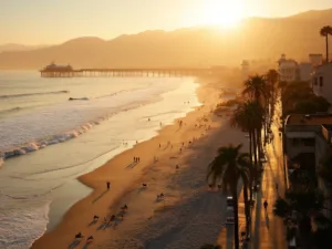 "Aerial view of Los Angeles during golden hour with palm tree-lined streets, early morning yoga practitioners on Venice Beach, Santa Monica Pier, Hollywood Hills and Griffith Observatory in the background, surfers catching waves, and joggers on the beach path."