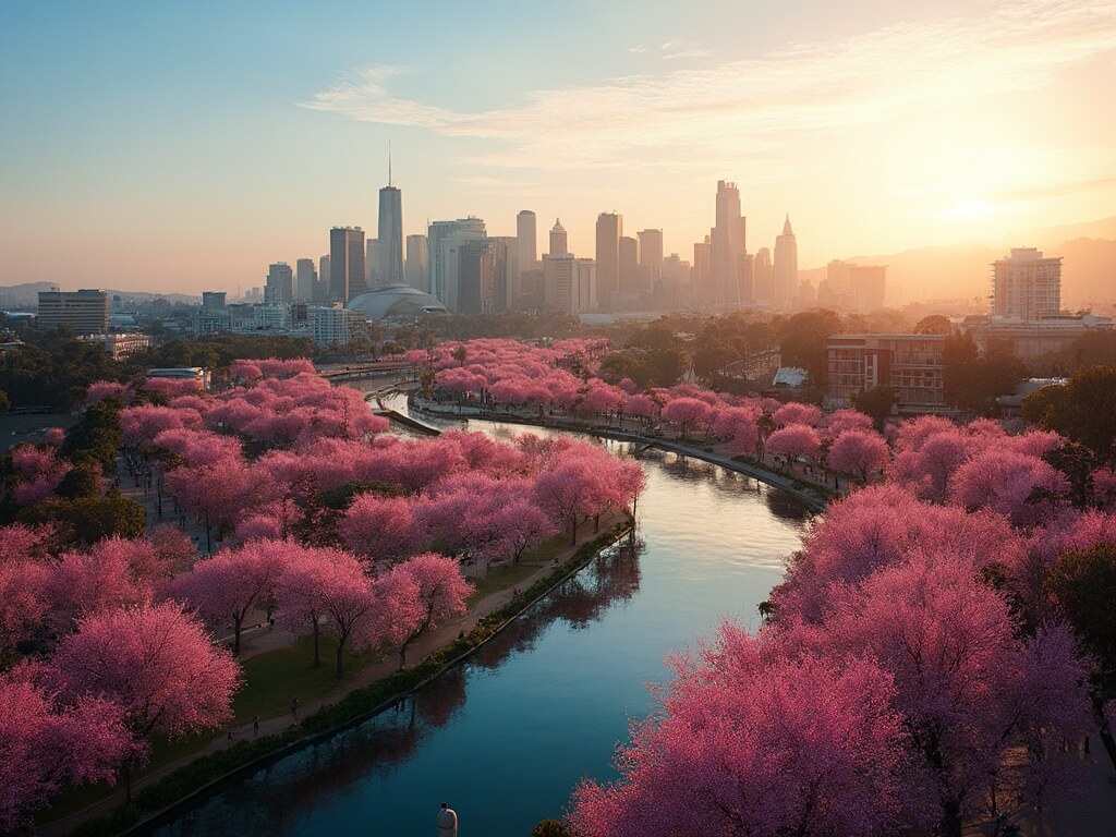 "Aerial view of Los Angeles skyline during golden hour with cherry blossom in Lake Balboa Park, Venice Canals reflecting sunset, Hollywood Park Grounds in distance, streets lined with blooming jacaranda trees, and the Natural History Museum, all under clear blue skies."