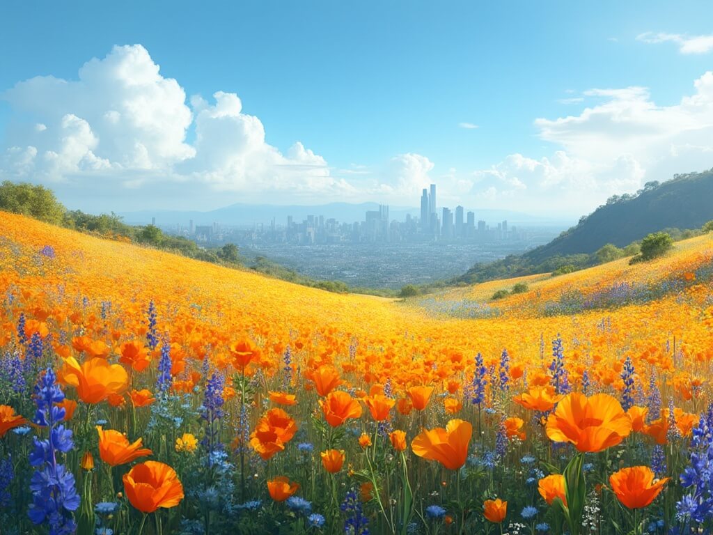 Springtime landscape of wildflower fields with downtown Los Angeles skyline in the distance, morning light and wispy clouds in a bright blue sky, and blooming California poppies and lupines