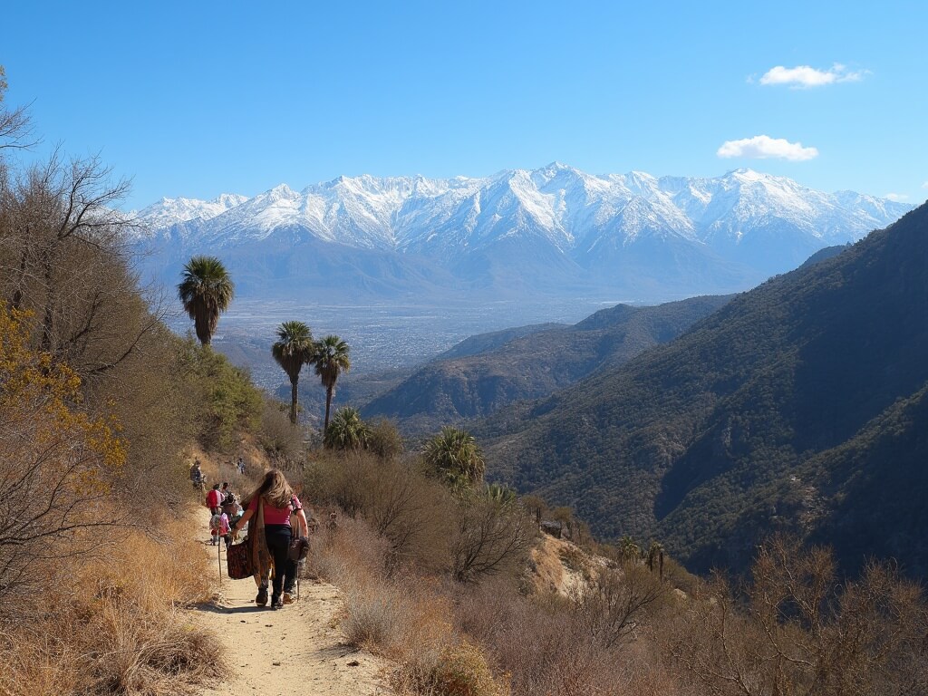 Hikers on Runyon Canyon trail with snow-capped San Gabriel Mountains in the background, desert vegetation and palm trees in forefront under a clear blue December sky