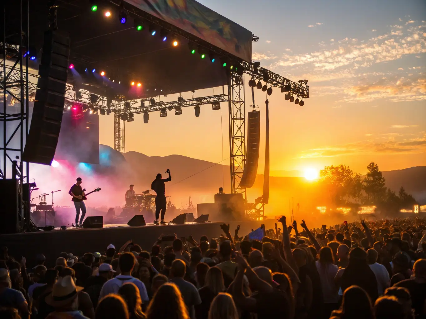 Vibrant crowd at Aftershock music festival, silhouetted musicians on stage with colorful lights, passionate fans cheering against a sunset backdrop