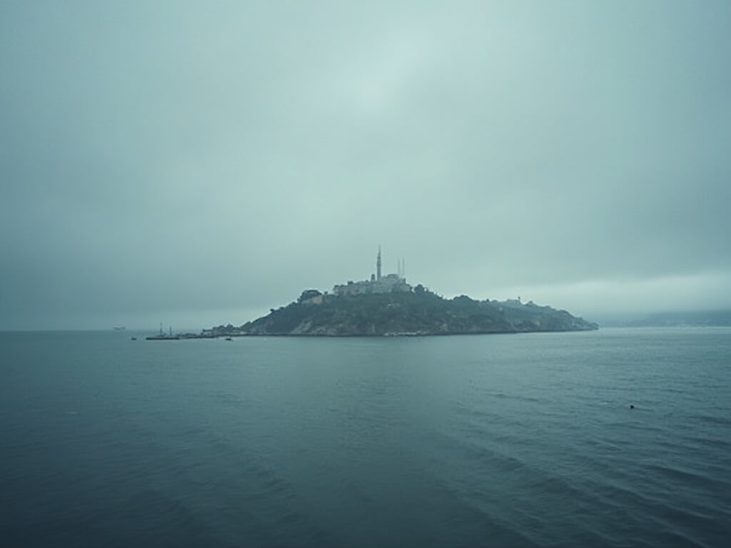 Dramatic overcast sky over Alcatraz Island with prison's silhouette reflected on calm bay waters, captured in a moody, historical and fine art documentary photography style