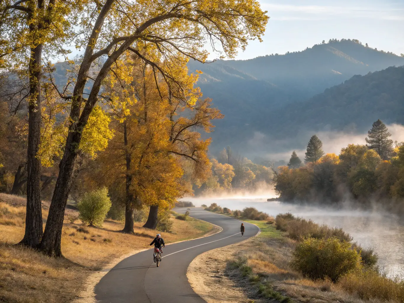 Lone cyclist on American River Parkway bike trail during autumn morning, mist over river, golden trees and distant mountains.