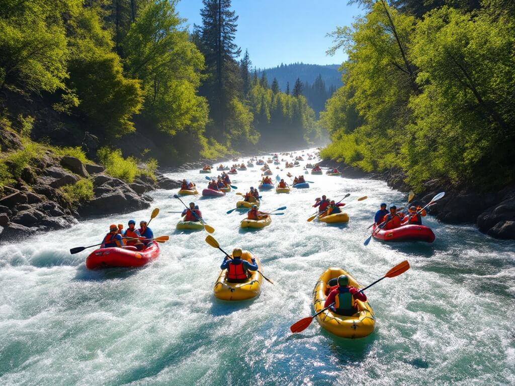 Kayaks and rafts navigating rapid waters on the American River, surrounded by lush greenery under bright summer sunlight, depicting an adventurous water sports scene