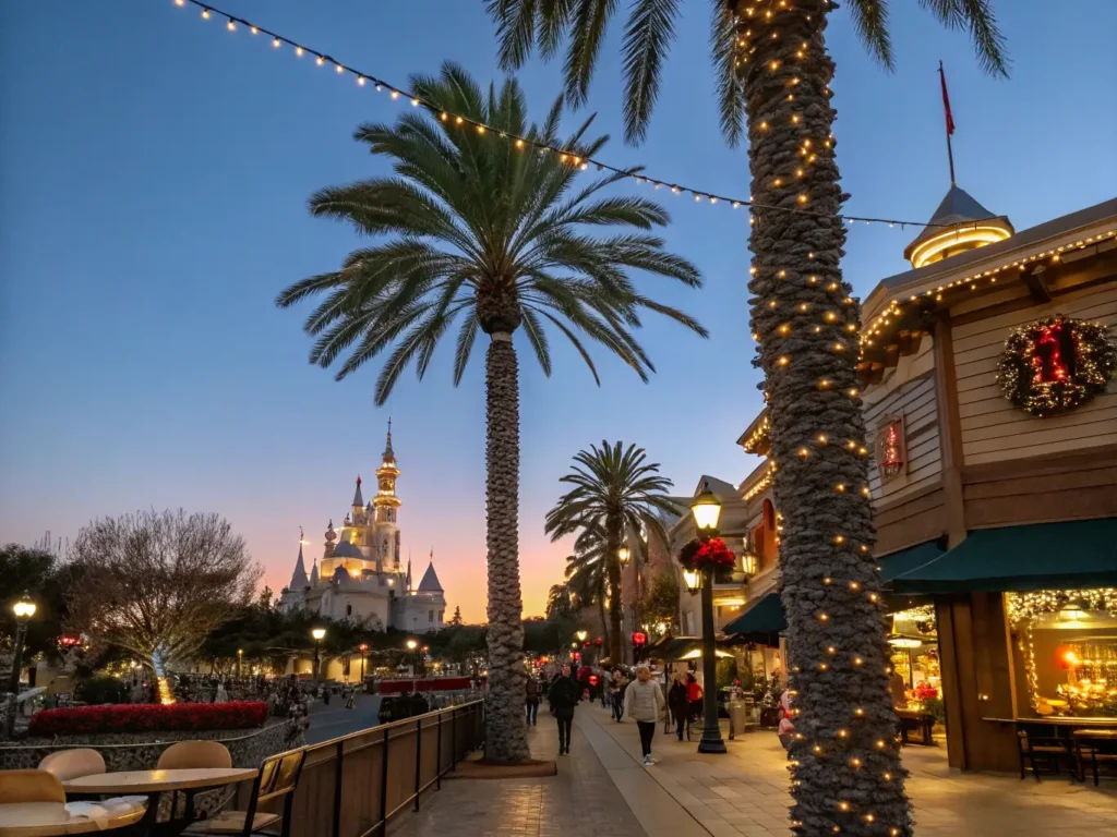 "Disneyland castle illuminated with Christmas lights and icicle decorations in Anaheim during a mild winter twilight, with palm trees, an ice rink, holiday market stalls, and pedestrians in light jackets."