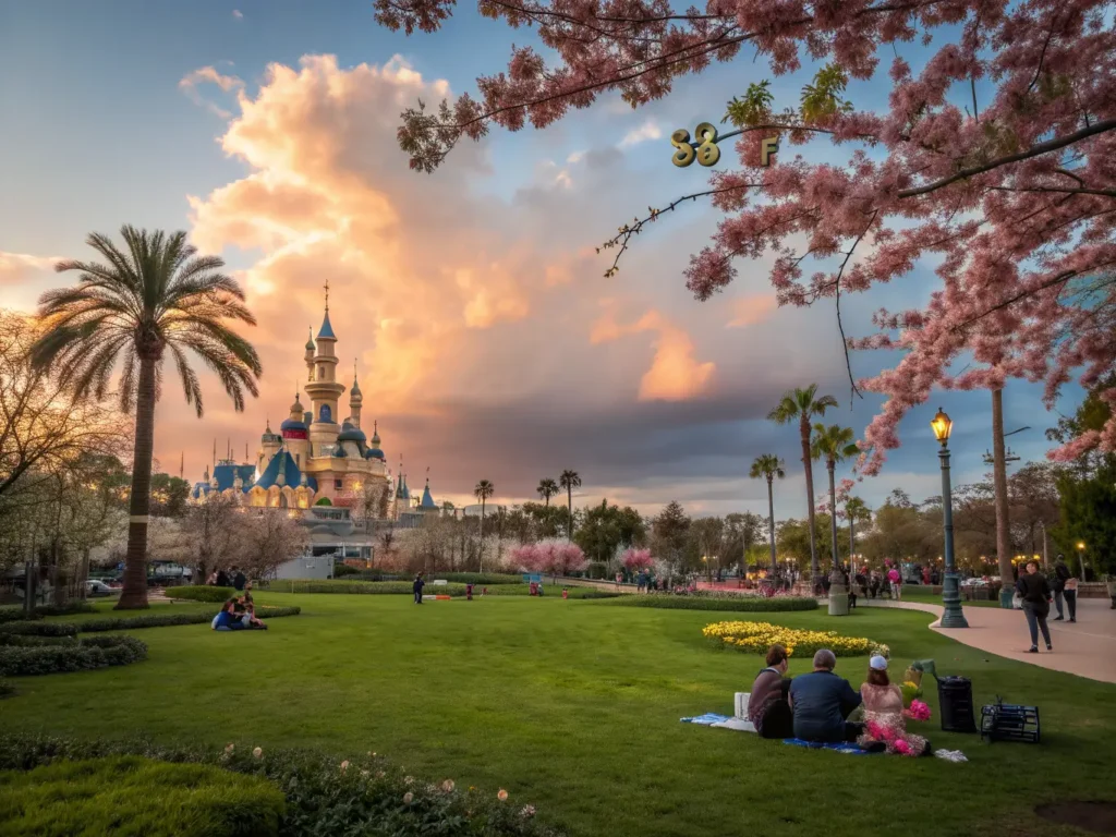 "Anaheim cityscape at golden hour featuring Disneyland castle, blooming cherry blossoms, picnicking families, Anaheim Packing District, theme park rides, and spring flowers under a sunset sky, with a temperature reading of 68°F"
