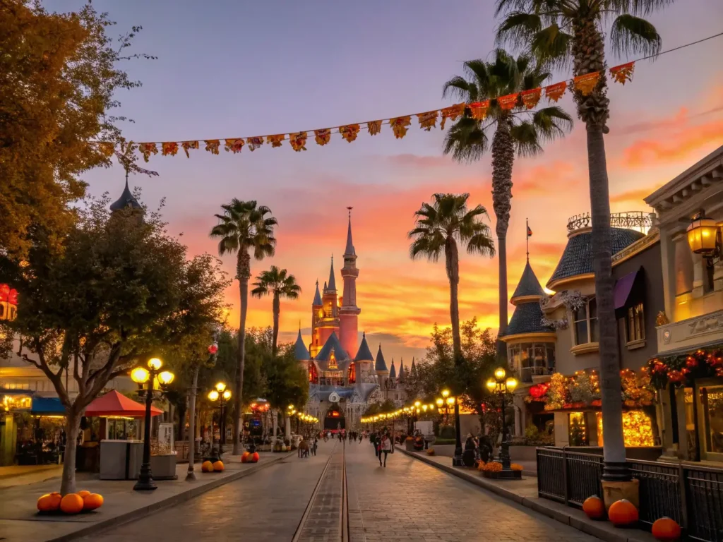 "Anaheim cityscape at dusk with Disneyland castle, fall decorations and outdoor cafe patrons under a warm sunset sky"
