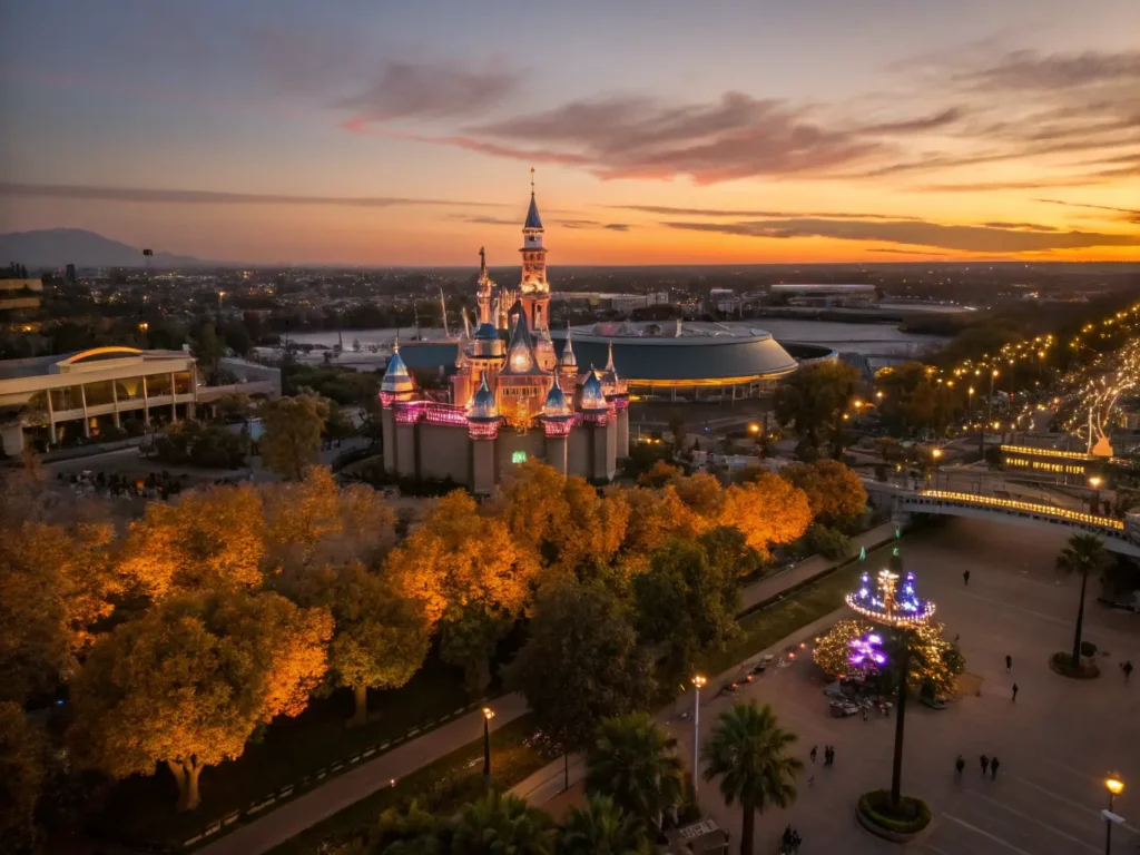 "Aerial view of Anaheim in November featuring Disneyland's holiday-decorated castle, Yorba Regional Park's fall-colored trees, and the illuminated Honda Center against a beautiful golden-hour sunset sky."