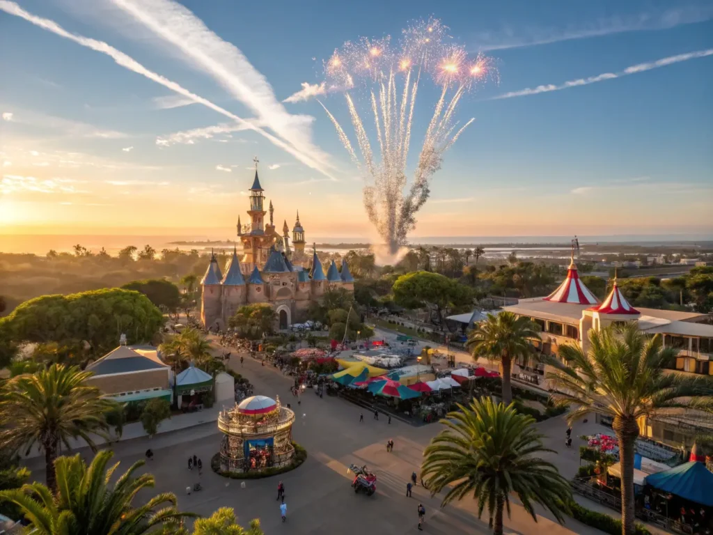 "Aerial view of Anaheim in June featuring Disneyland castle, with fireworks, palm trees, Greek festival, surfers at Huntington Beach and a view of the Orange County coastline during golden hour sunset."