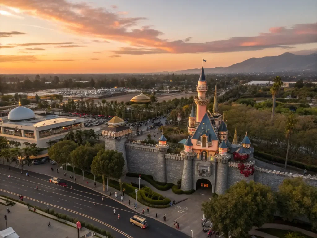 "Aerial view of Anaheim at sunset featuring Disneyland castle with Halloween adornments, palm-tree lined streets, Orange County beaches, Matterhorn mountain, and the Honda Center arena amidst ideal September weather conditions, shot in 4K with a drone camera"