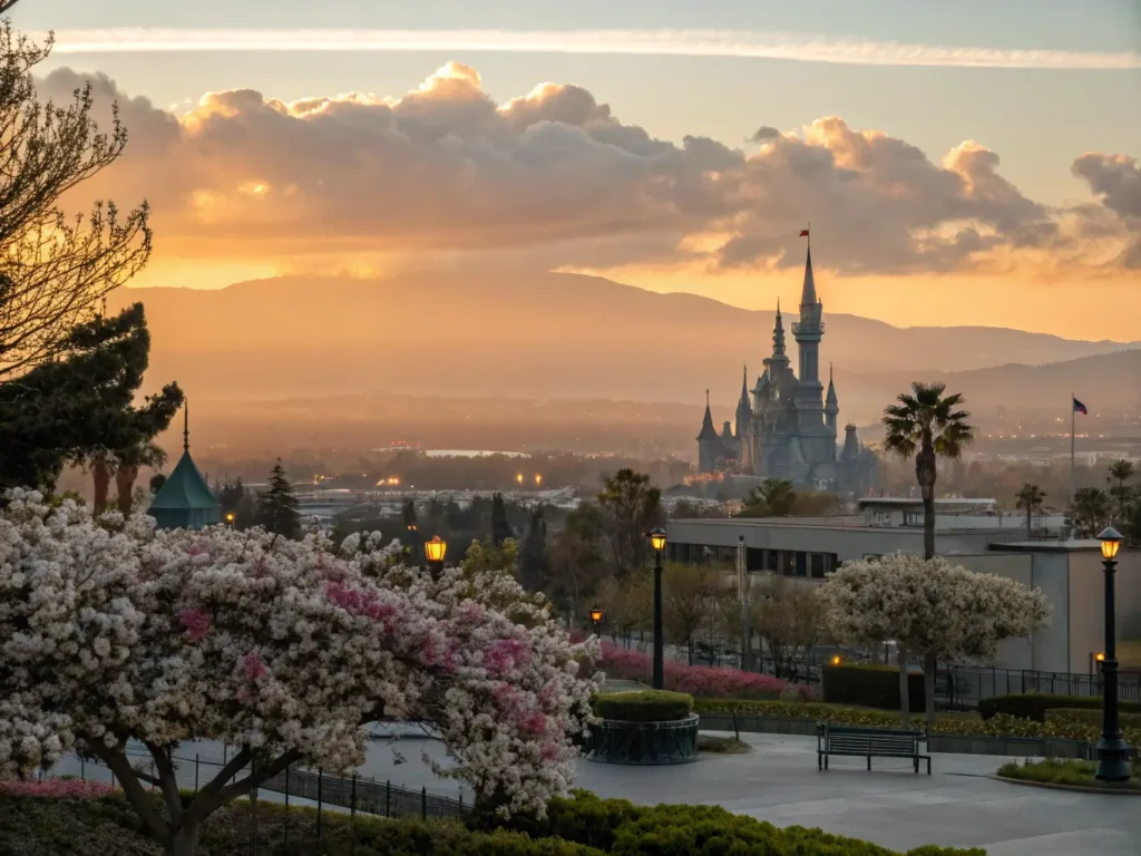 "Anaheim cityscape at sunset featuring Disneyland castle, blooming winter flowers, cherry blossoms, swaying palm trees, Anaheim Hills, and a jacket draped over a park bench in February."