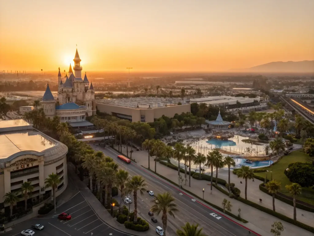 "Aerial view of Anaheim during summer sunset with Disneyland castle silhouette, Anaheim Convention Center, Angels Stadium, Anaheim Hills, palm trees, sparkling swimming pools, beach volleyball courts, July 4th fireworks in the distance, and a golden-hour glow"