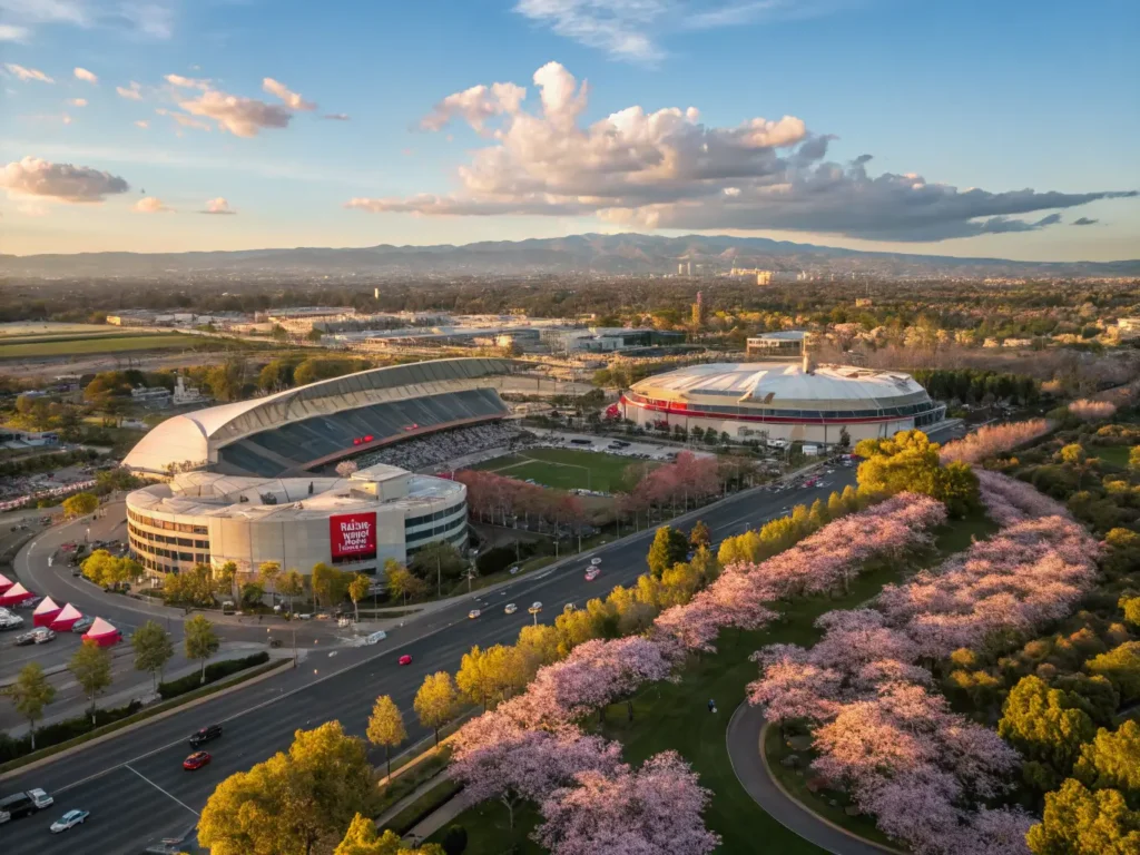"Aerial view of Anaheim in spring with Angel Stadium, cherry blossoms, California poppies, Honda Center, Disneyland Resort, oak lined streets, festival tents, and mountains in the distance bathed in golden sunlight."