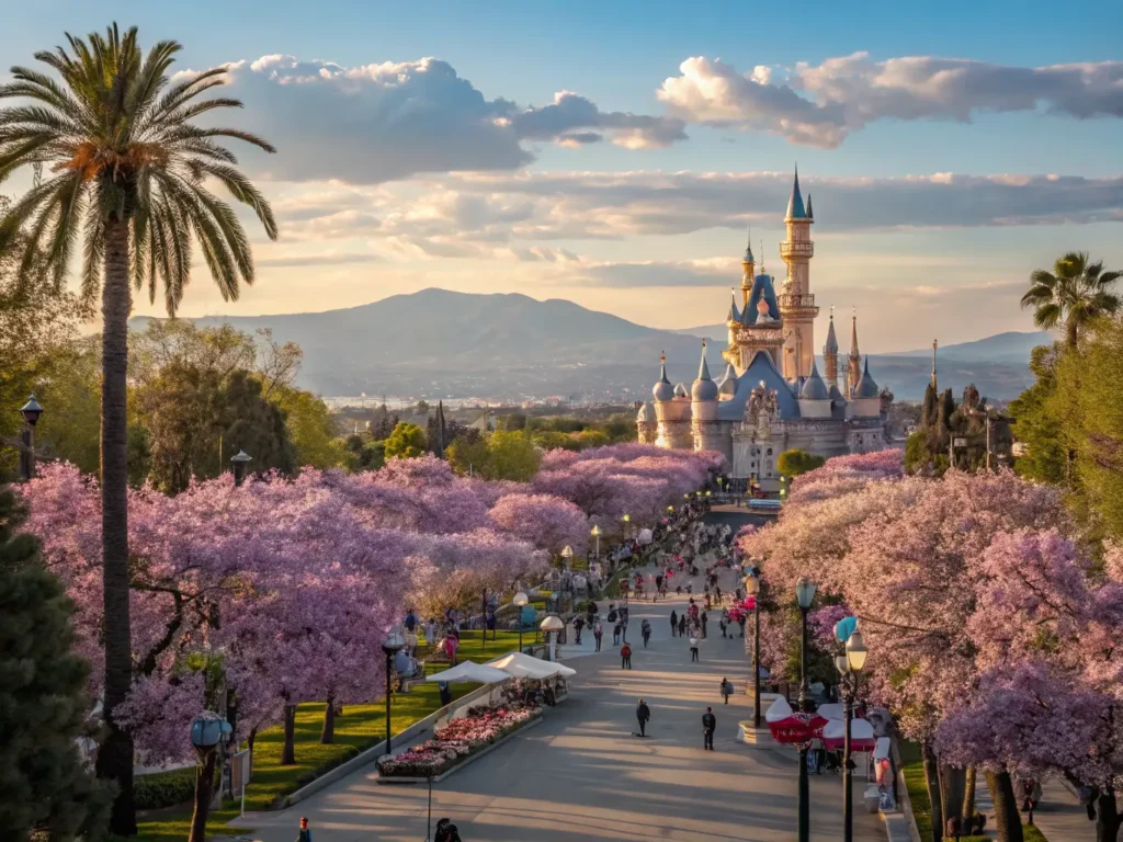 "Panoramic view of Anaheim featuring Disneyland castle, blooming cherry blossoms, jacaranda trees, and festival decorations in springtime. People are enjoying outdoor activities and walking along paths surrounded by flower beds in the warm May sunshine. The scene captures both urban and natural elements, with a clear blue sky, palm trees, distant mountains, and late afternoon golden hour lighting."