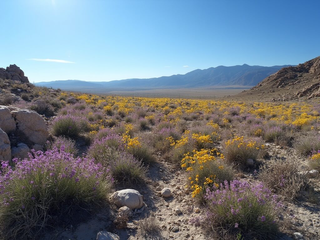 Dawn over Anza Borrego State Park's desert landscape with blooming purple and yellow wildflowers, rocky terrain, long shadows, distant mountains, and clear blue sky