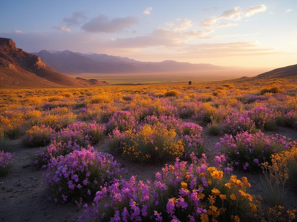 Aerial view of Anza-Borrego Desert State Park in spring bloom with fields of colorful wildflowers illuminated by golden hour light