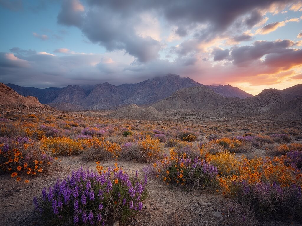 Dramatic Anza-Borrego desert landscape with colorful wildflowers, rocky mountains, and dynamic shadows during golden hour