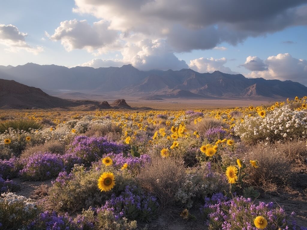 Peak wildflower bloom in Anza-Borrego State Park with purple desert verbena, yellow sunflowers, white lilies against rugged mountains under dramatic clouds in warm, late afternoon light