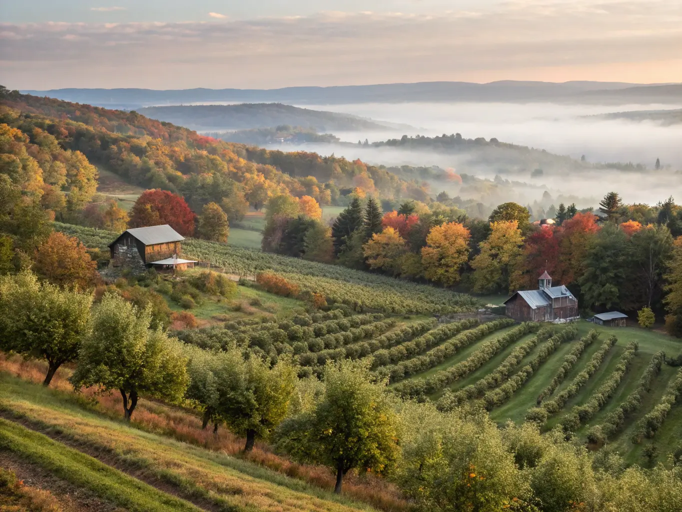 Scenic view of Apple Hill's apple orchards on rolling hills with autumn foliage, morning mist, and distant farmhouses during harvest season