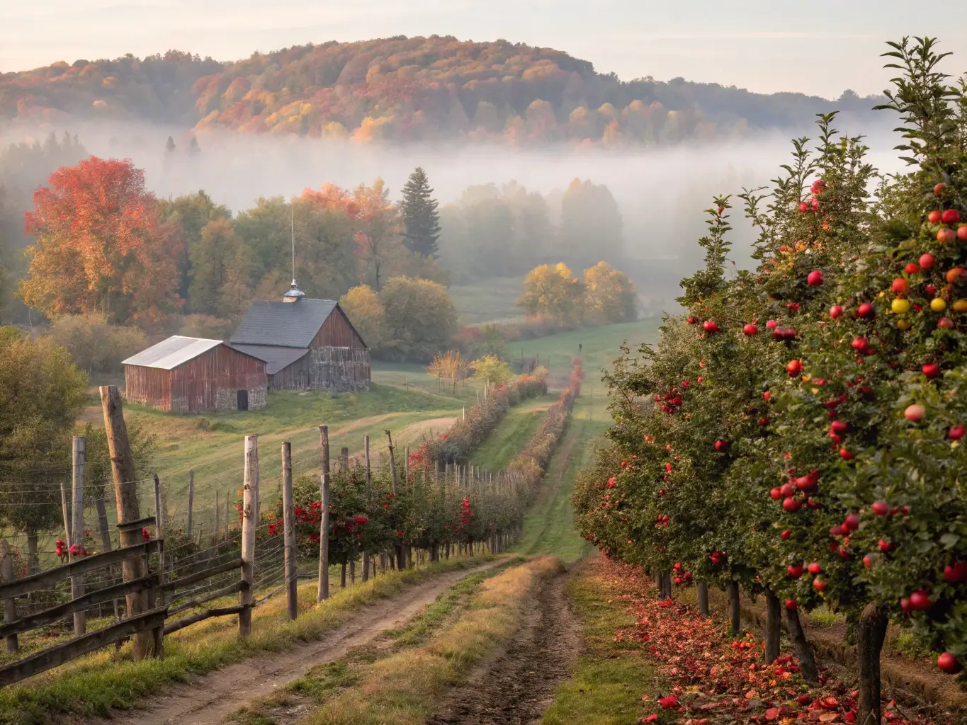 Ripe apples on trees in a serene Apple Hill orchard with morning mist and warm autumn hues, rustic farm elements in the background