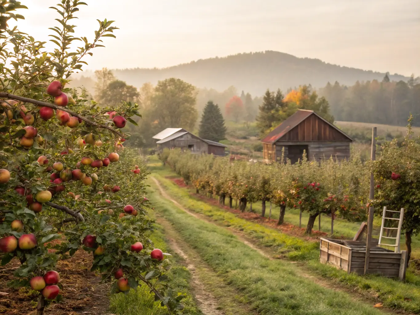 Rustic apple orchard at Apple Hill with ripe fruit, wooden farm structures, and soft sunlight