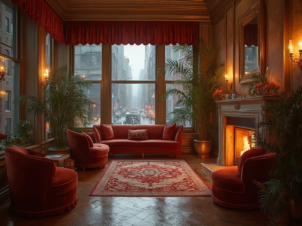 Art Deco hotel lobby with plush velvet seating, grand marble fireplace, brass lighting fixtures, large windows with rainy city views, potted palm plants in brass planters, and hardwood floors with vintage rugs