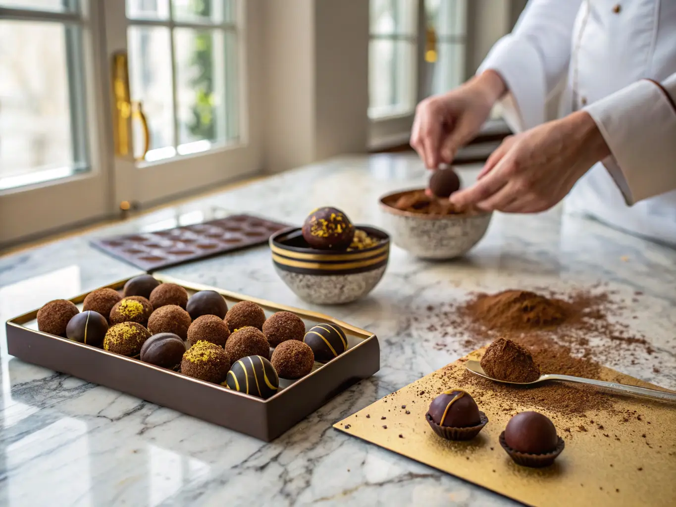 Artisanal chocolate truffles being handcrafted on marble countertop, showcasing glossy textures and cocoa dusting under soft natural light