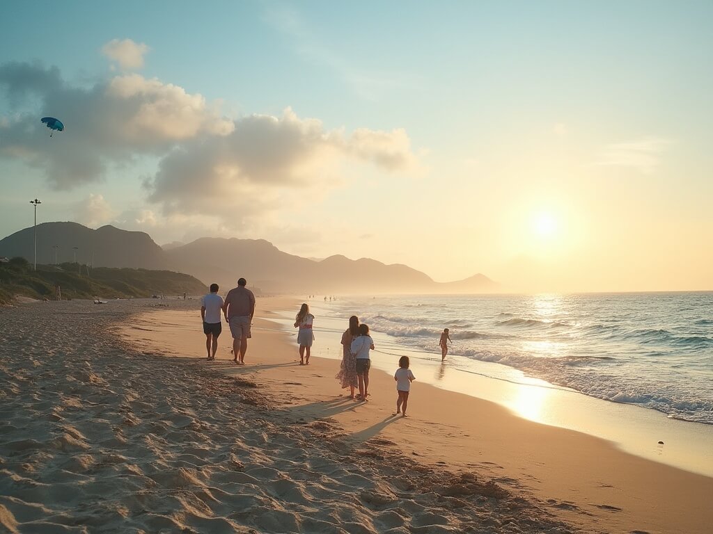 Late afternoon panorama of families and couples enjoying an uncrowded beach with warm, soft lighting and long shadows, ocean exhibiting an inviting blue-green shade, and light clouds catching sunset colors