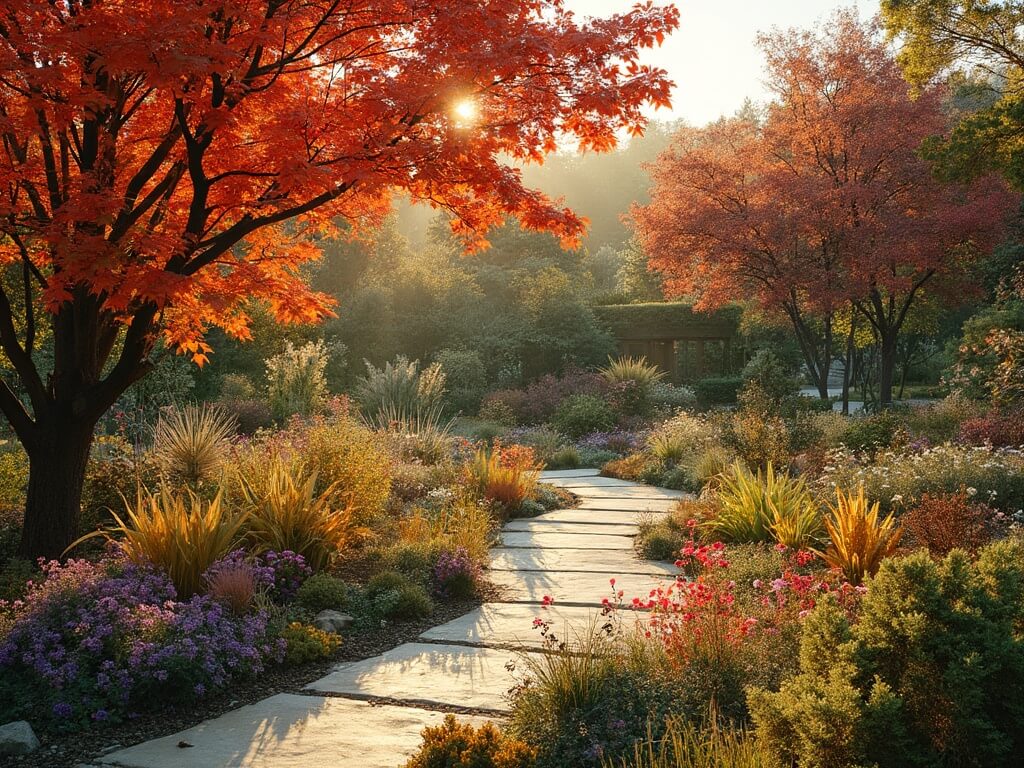 Autumn scene at South Coast Botanic Garden with paths winding through blooming flowers, ornamental grasses, and architectural succulents. Japanese maples exhibit early fall colors in golden hour sunlight.