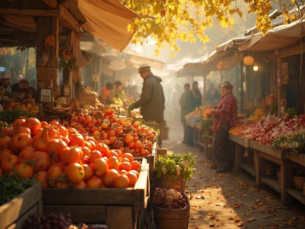 Farmers arranging fresh apples, persimmons, and mushrooms at wooden stalls in a vibrant farmers market bathed in golden October sunlight with crates of seasonal produce displayed on rustic tables.