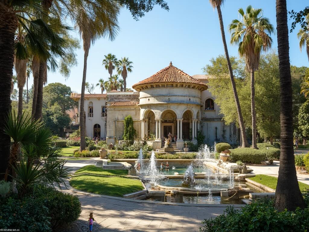 Families enjoying a sunny afternoon at Balboa Park with lush gardens, sparkling fountains and Spanish colonial architecture under clear skies