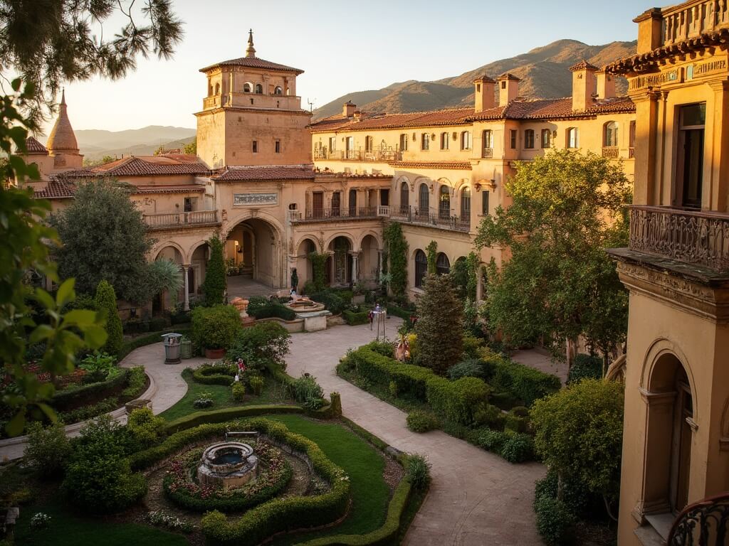 Golden hour at Balboa Park showcasing Spanish colonial architecture, lush gardens, historical buildings with terracotta roofs, and intricate landscaping bathed in warm sunlight