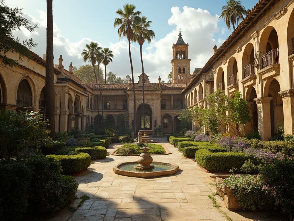 Mid-day view of Balboa Park featuring Spanish Colonial architecture illuminated by bright sunlight casting dramatic shadows across courtyards, surrounded by lush gardens and palm trees