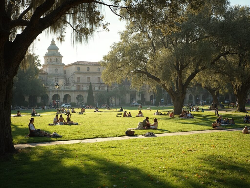 Afternoon at Balboa Park with people enjoying the lawn under eucalyptus trees, Spanish Colonial architecture, and blooming native flowers