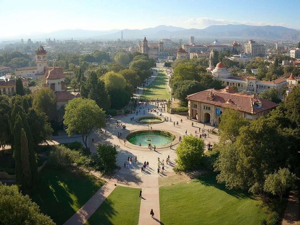 Panoramic summer view of Balboa Park with lush greenery, Spanish architecture, museums, people walking and San Diego Zoo in the background